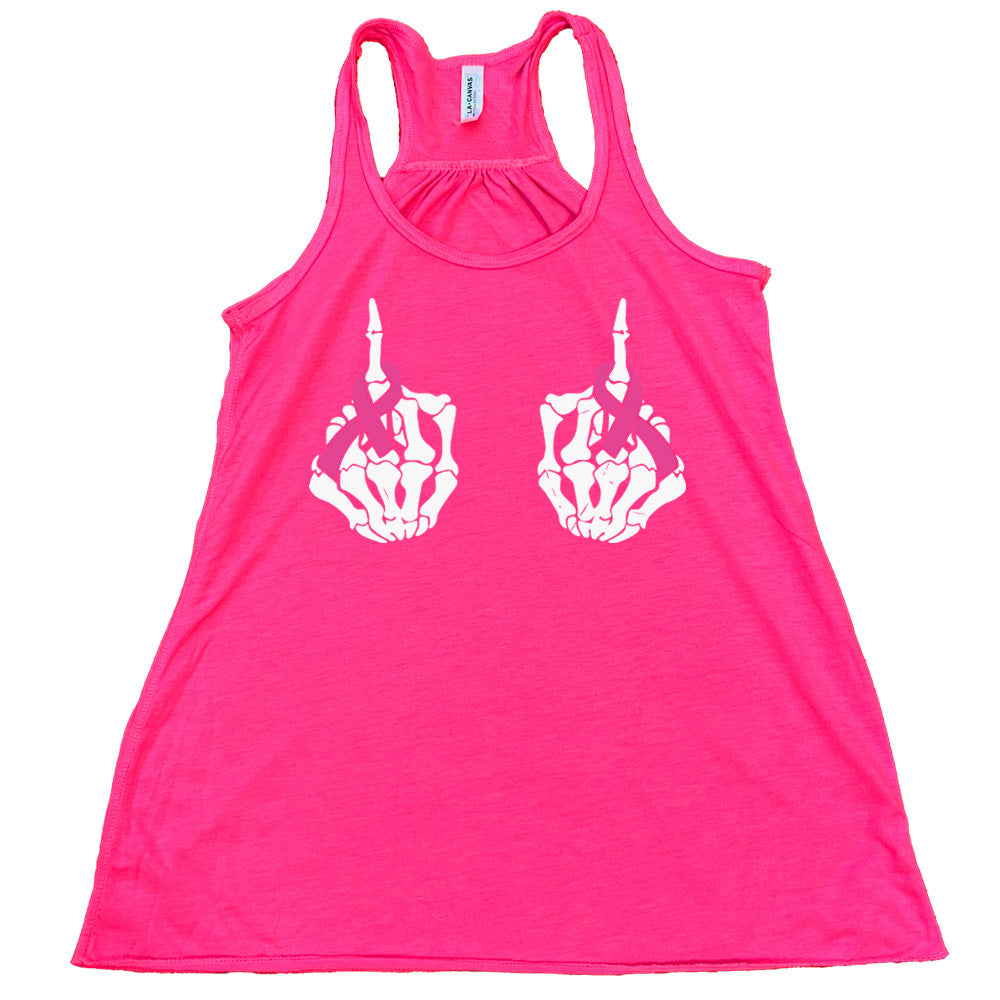 pink t-shirt with skeleton hand designs and pink ribbons