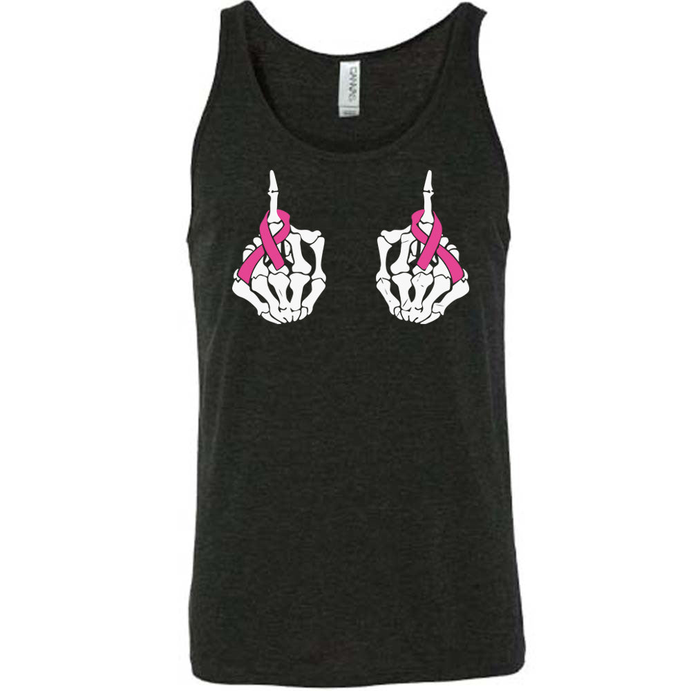 black t-shirt with skeleton hand designs and pink ribbons