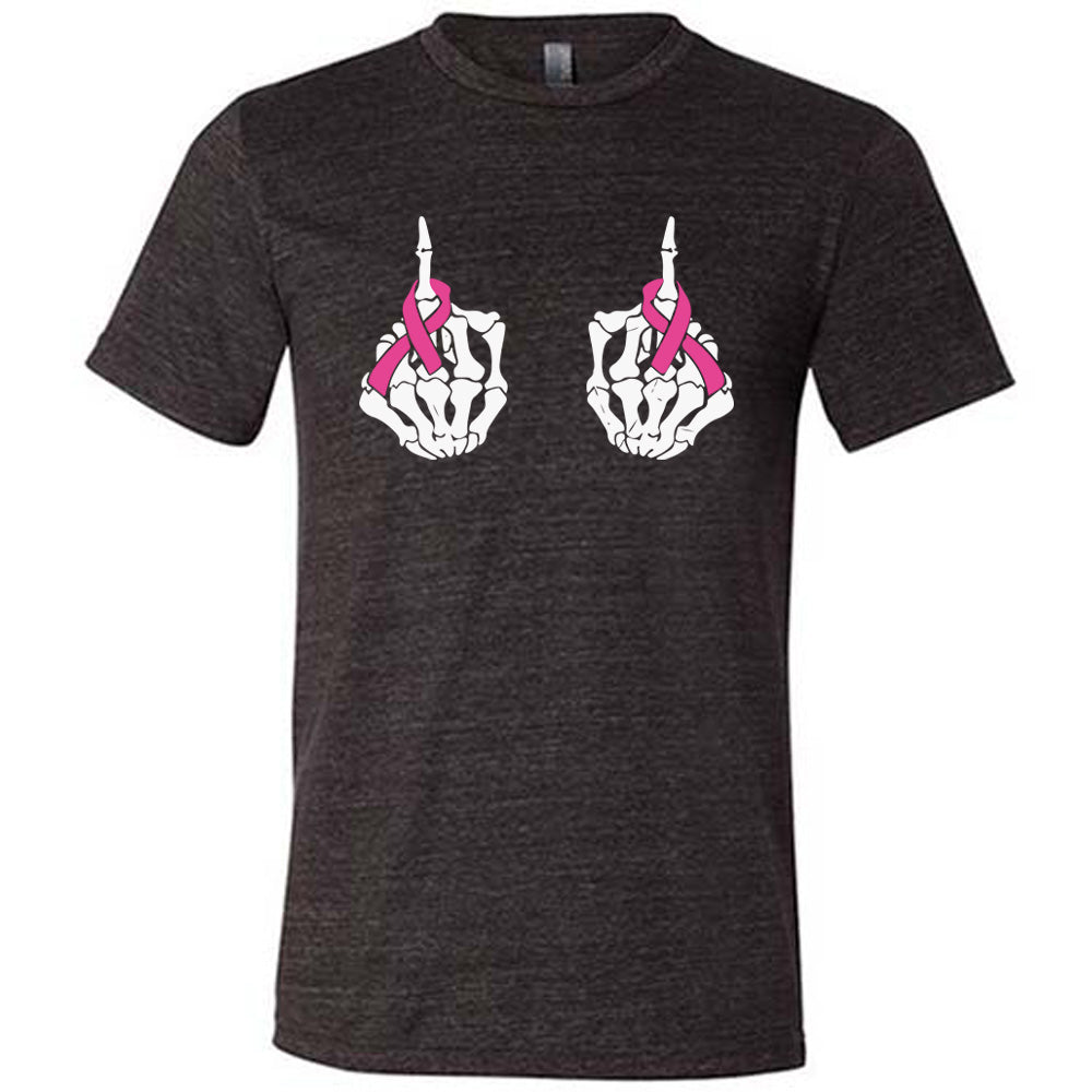 black t-shirt with skeleton hand designs and pink ribbons