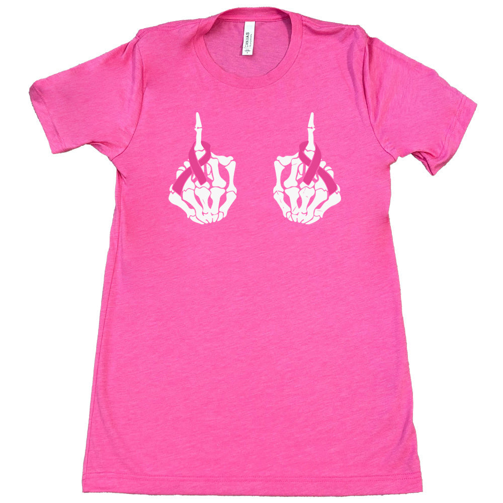 pink t-shirt with skeleton hand designs and pink ribbons