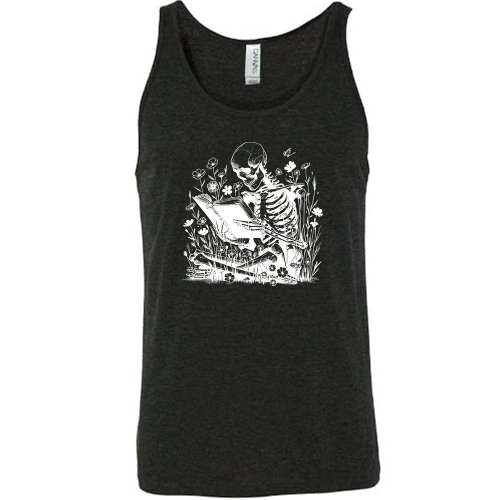 black shirt with a skeleton reading graphic on it