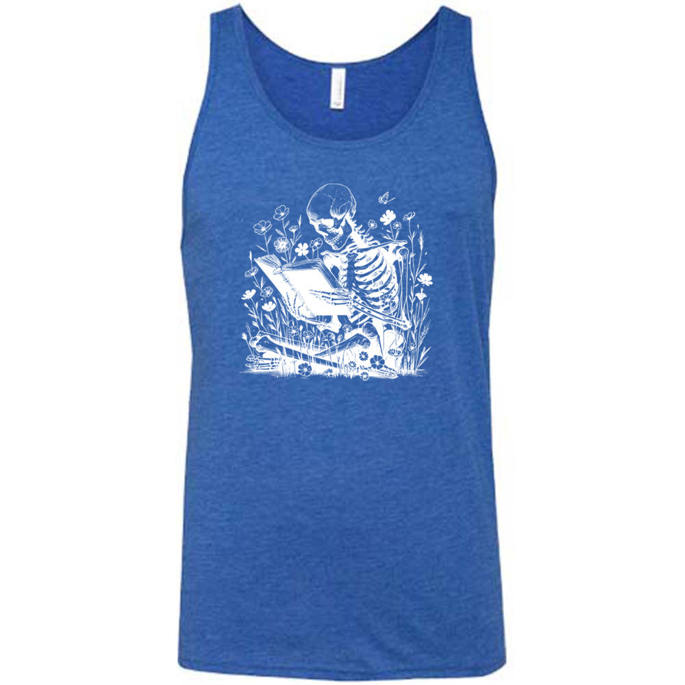 blue shirt with a skeleton reading graphic on it