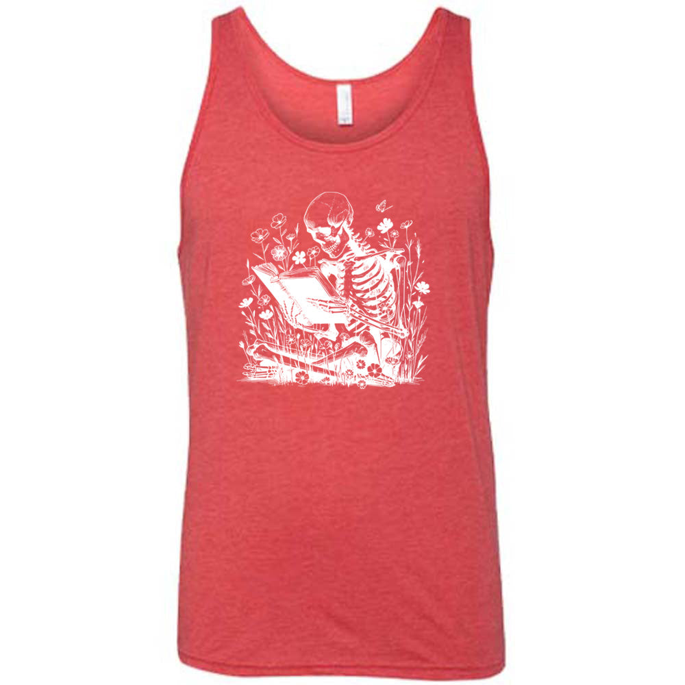 red shirt with a skeleton reading graphic on it