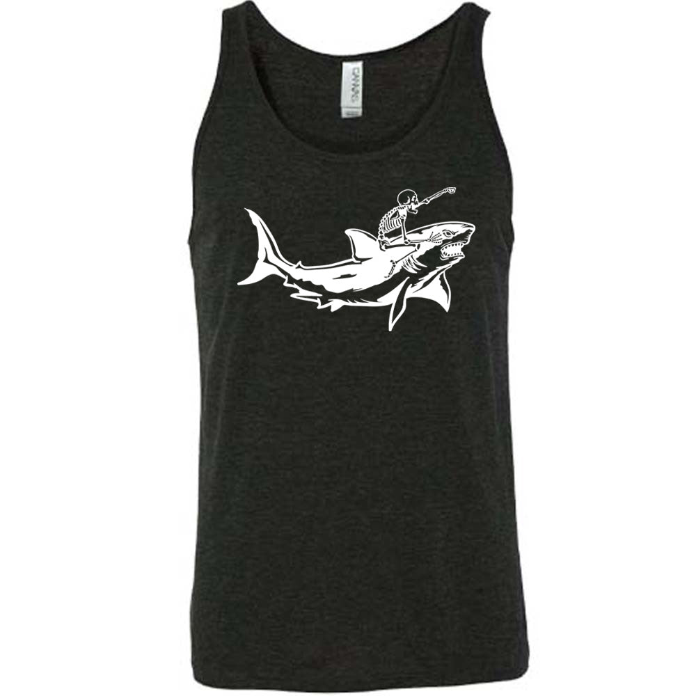 black unisex tank with the graphic of a skeleton, with its fist pointing onwards and its mouth open, riding a shark, who has a fierce expression