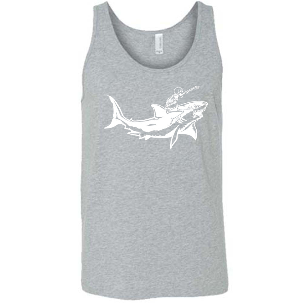 grey unisex tank with the graphic of a skeleton, with its fist pointing onwards and its mouth open, riding a shark, who has a fierce expression