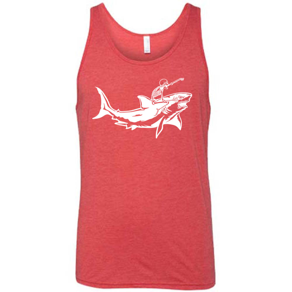 red unisex tank with the graphic of a skeleton, with its fist pointing onwards and its mouth open, riding a shark, who has a fierce expression