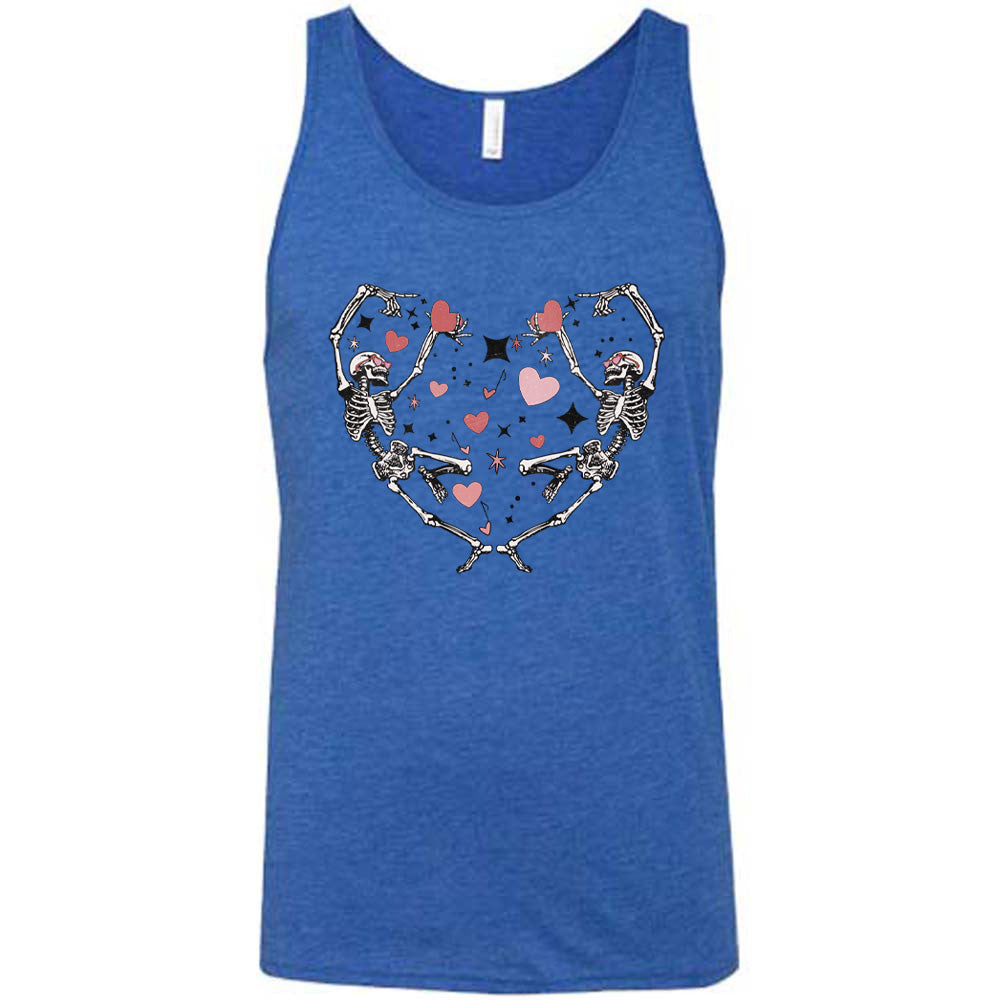 blue shirt with a skeleton heart graphic on it