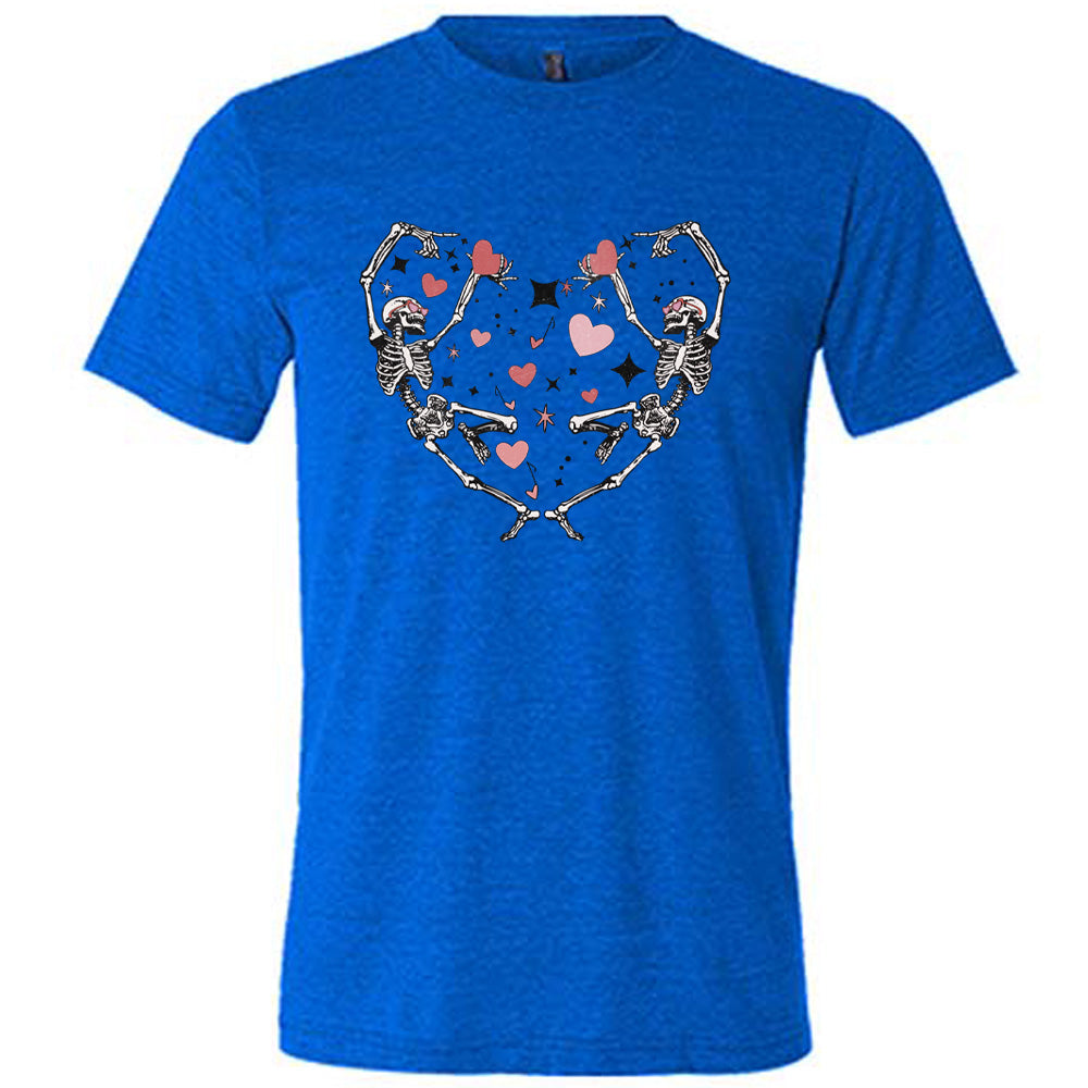 blue shirt with a skeleton heart graphic on it