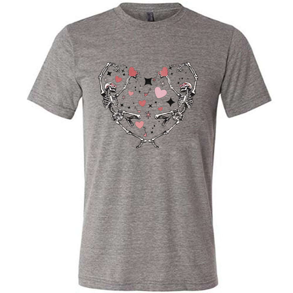grey shirt with a skeleton heart graphic on it