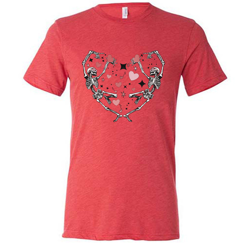red shirt with a skeleton heart graphic on it