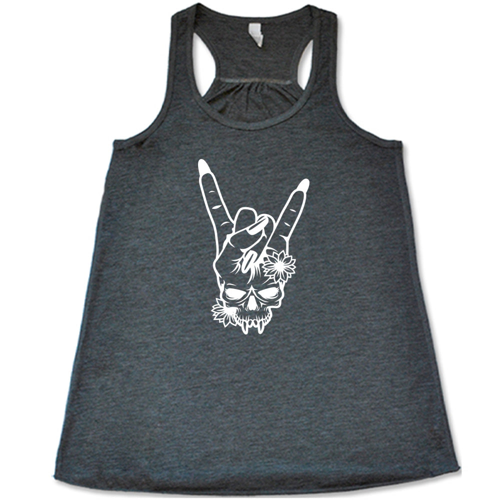 grey shirt with the "Skull Rocker Hand" graphic on it