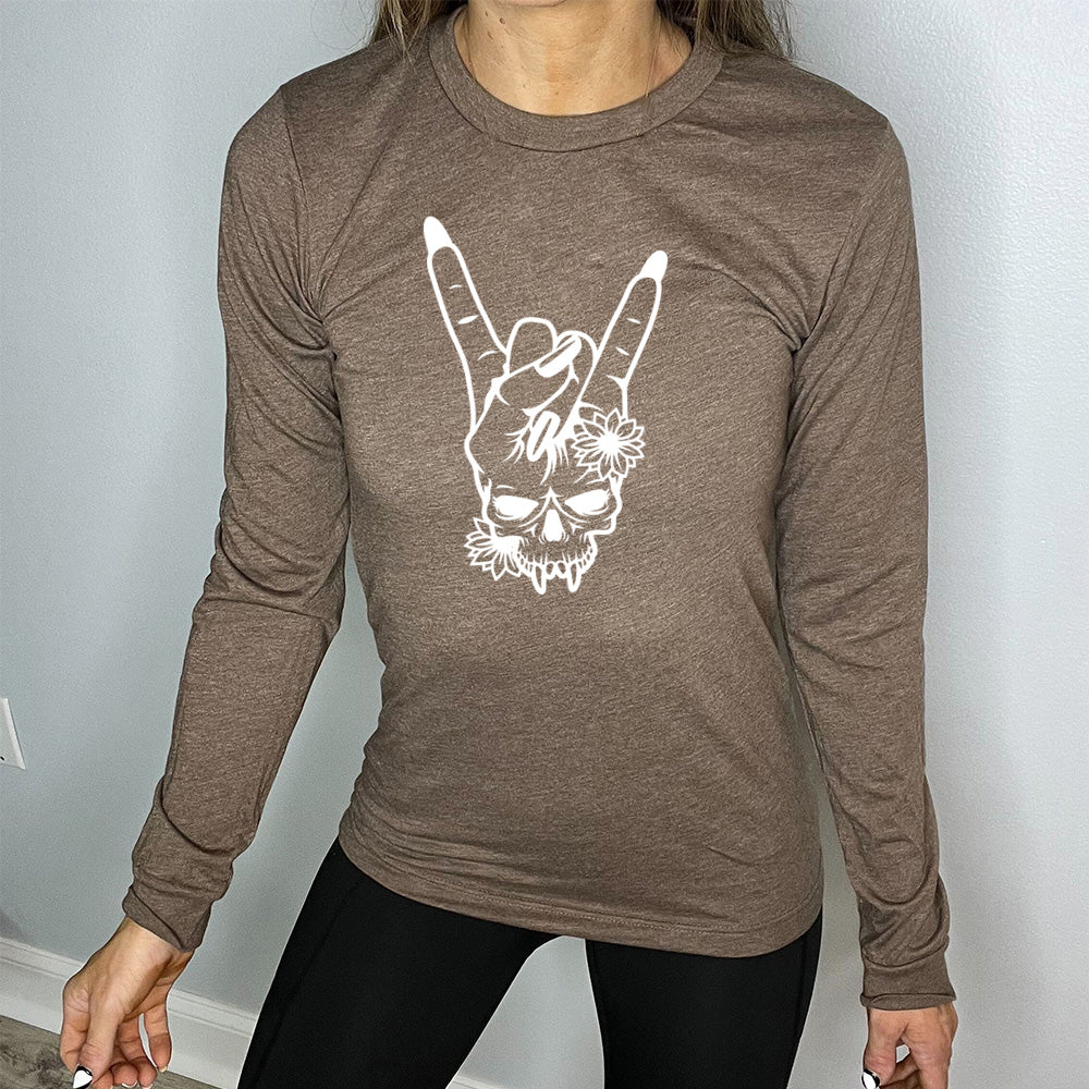 heather brown long sleeve shirt with the graphic of a skull whose head is a rocker hand symbol