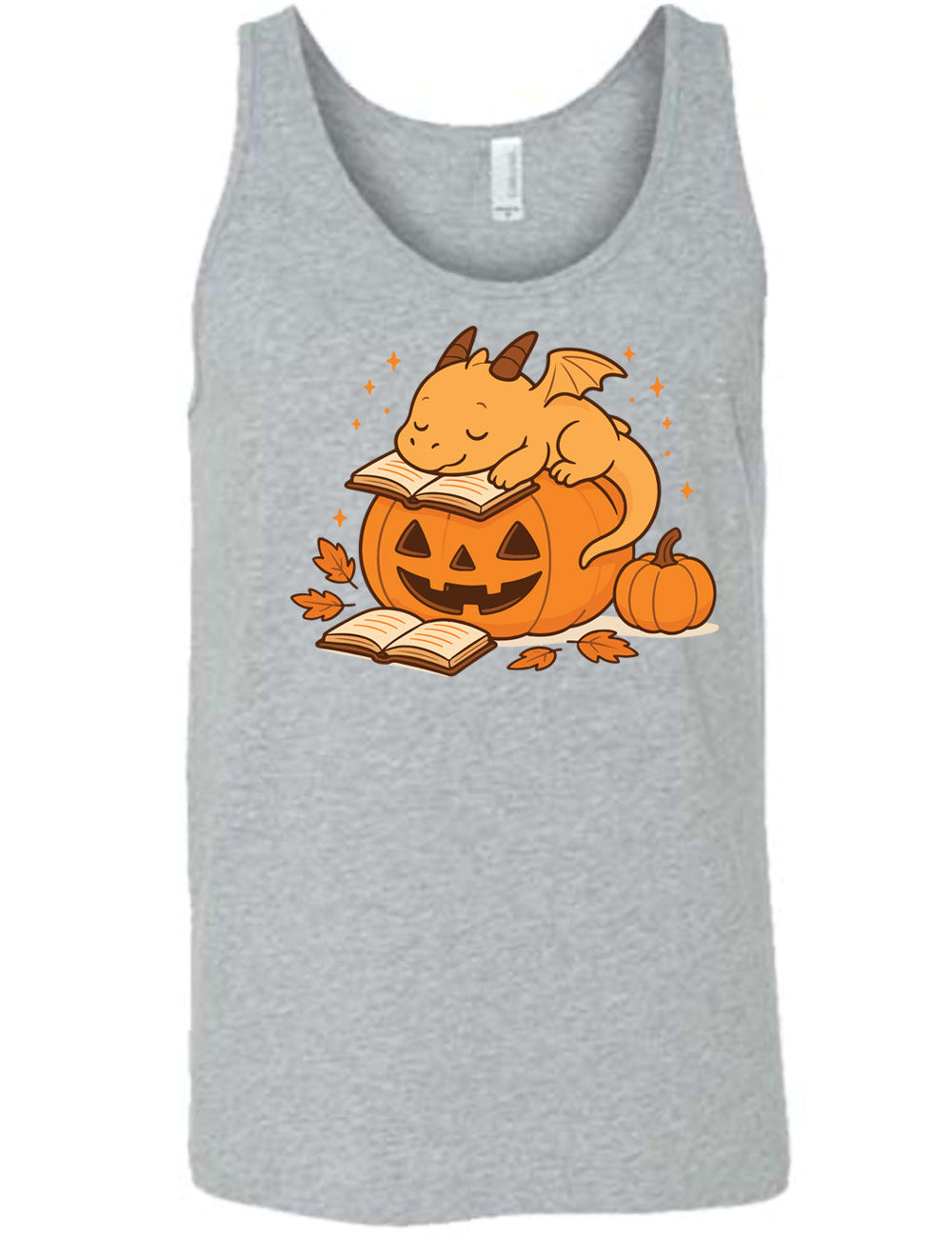 grey unisex tank with the graphic of a cartoon-style dragon sleeping, with its head in its open book, on top of a jack-o-lantern, with another open book and small pumpkin next to all this, and a scattering of stars, and a few leaves