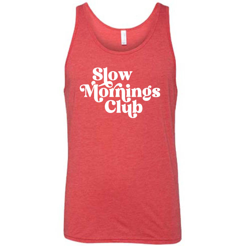 Red colored tank with a graphic on it that says "Slow Mornings Club" 