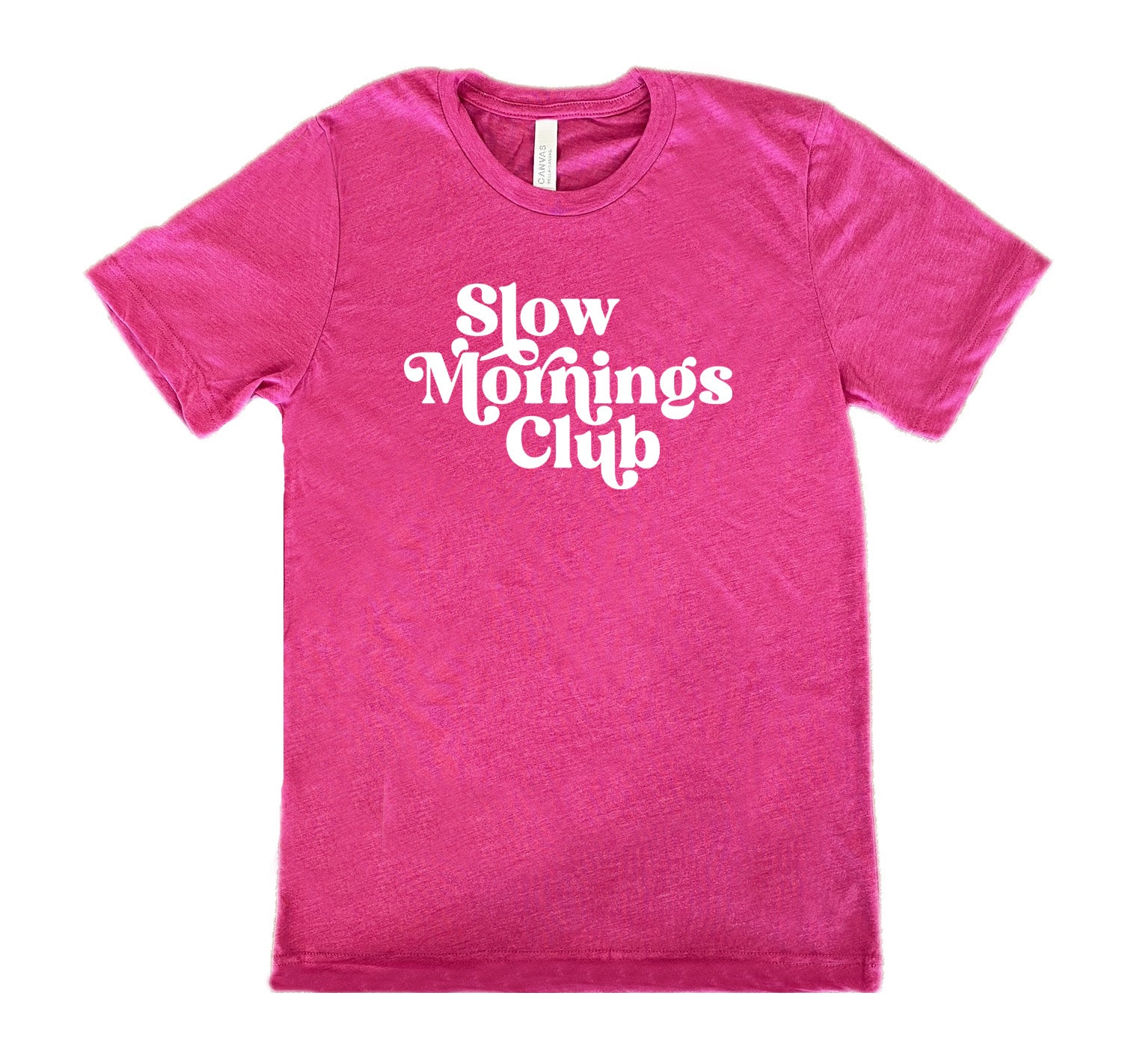 Berry colored shirt with a graphic on it that says "Slow Mornings Club" 