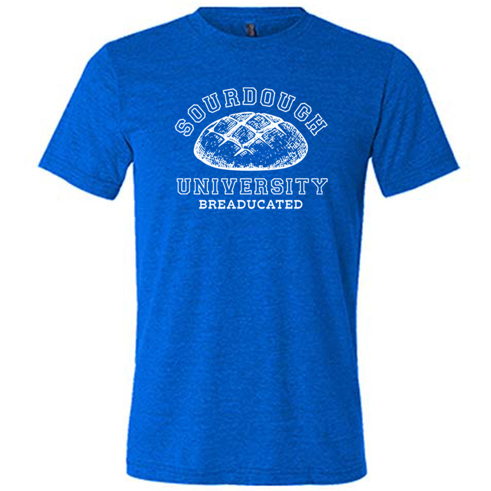 blue shirt with a sourdough bread graphic on it