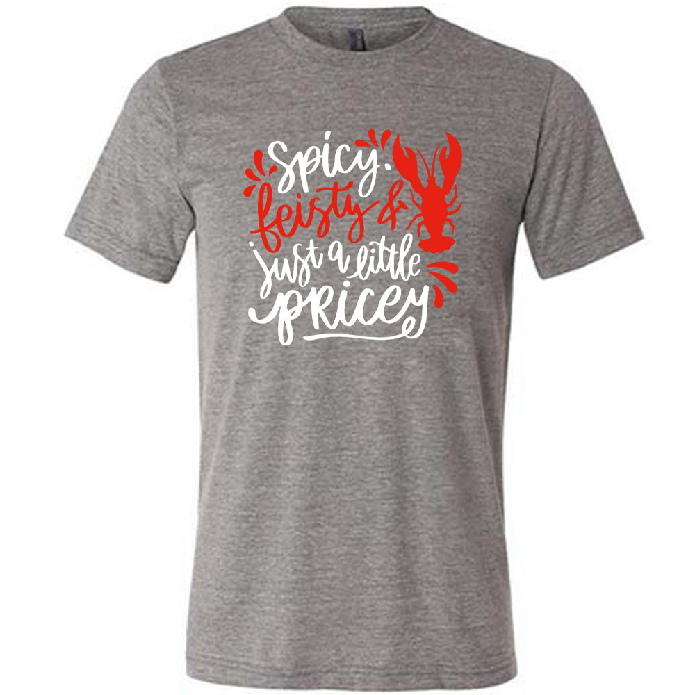grey unisex tee with the words "spicy, feisty & just a little pricey" with the graphic of a lobster
