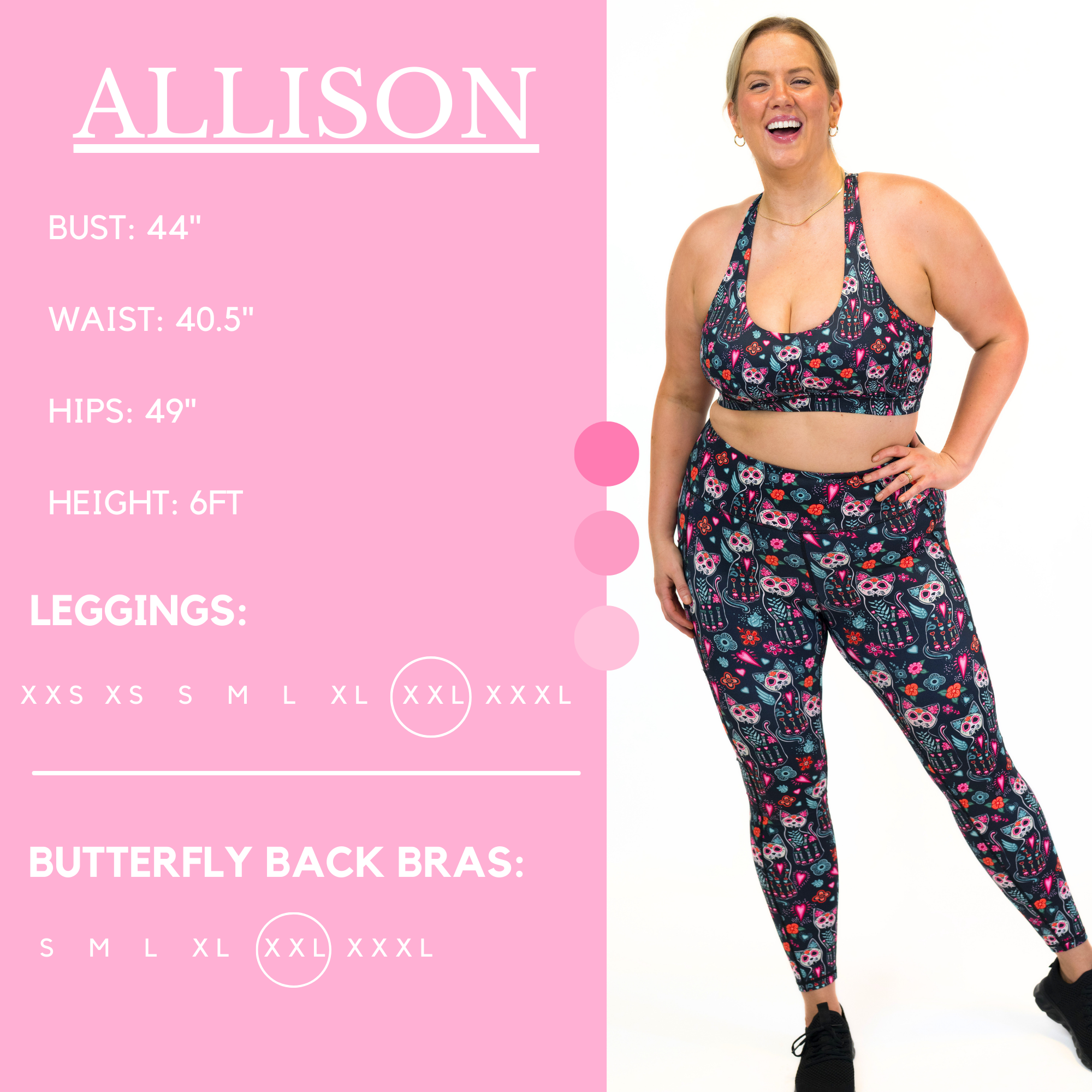 Model's measurements of 44 inch bust, 40.5 inch waist, 49 inch hips, and height of 6 foot. She is wearing a size xx-large in our leggings