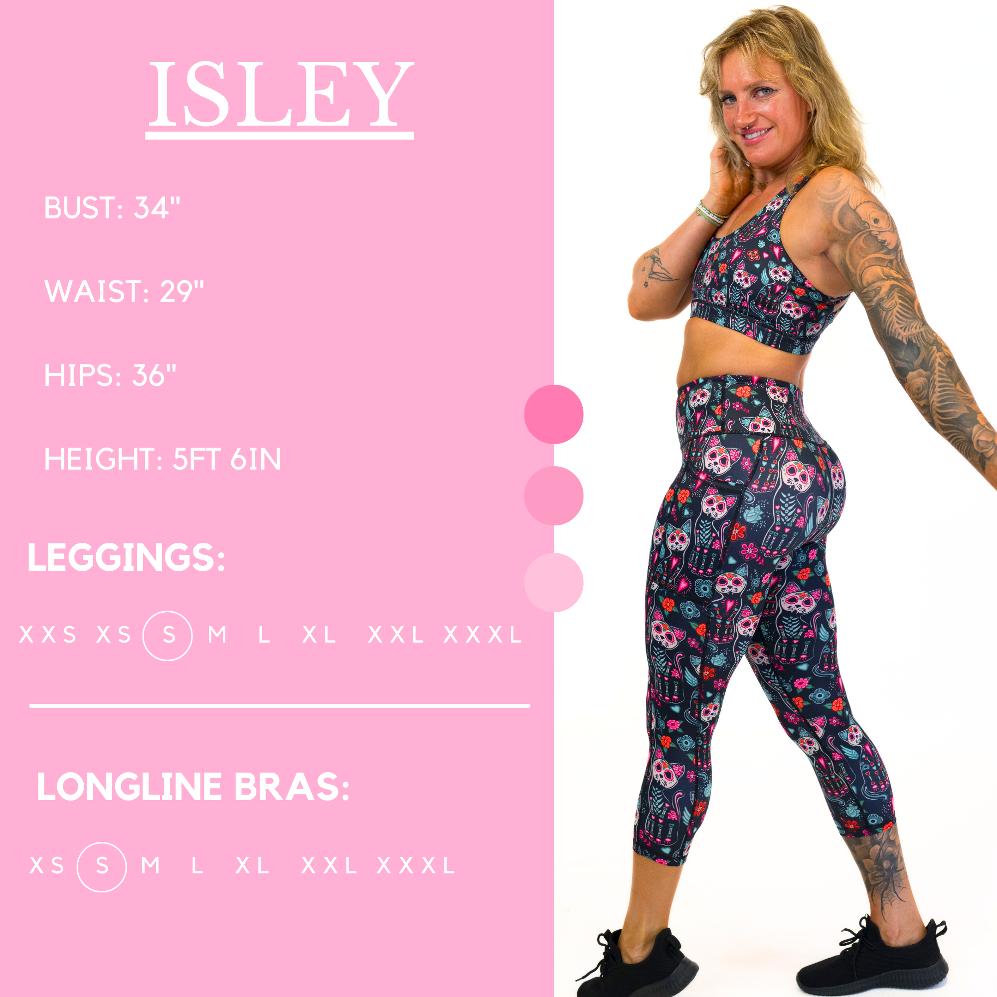 Model’s measurements of 34” bust, 29” waist, 36” hips and height of 5 ft 6 in. She is wearing a size small in our leggings