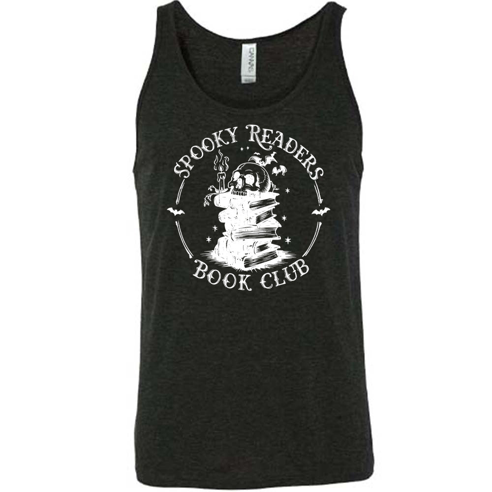 Black colored tank with skull on a stack of books graphic on it that says "Spooky Readers Book Club"