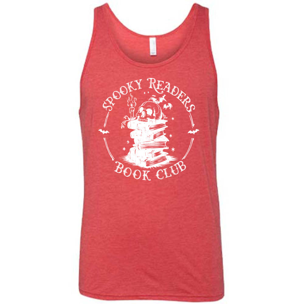 Red colored tank with skull on a stack of books graphic on it that says "Spooky Readers Book Club"