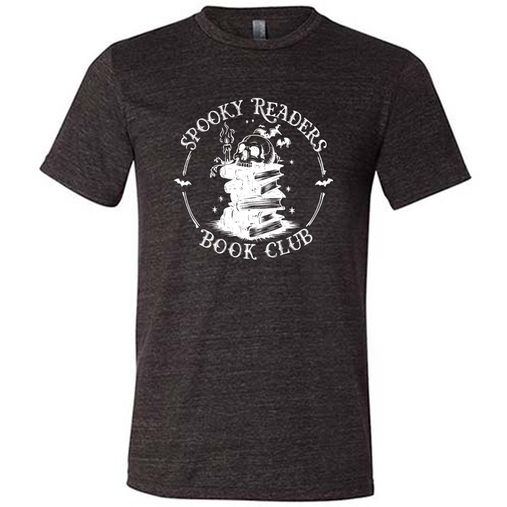 Black colored shirt with skull on a stack of books graphic on it that says "Spooky Readers Book Club"