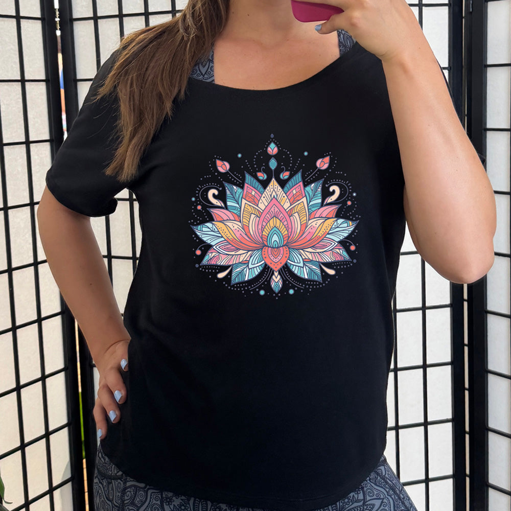 Black slouchy shirt with the graphic of a colorful, stained-glass-look lotus flower