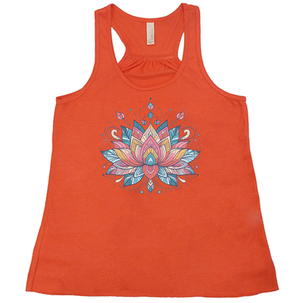 Coral flowy tank with the graphic of a colorful, stained-glass-look lotus flower
