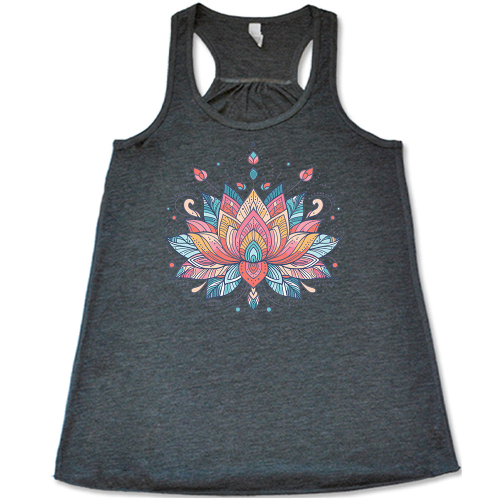 Grey flowy tank with the graphic of a colorful, stained-glass-look lotus flower