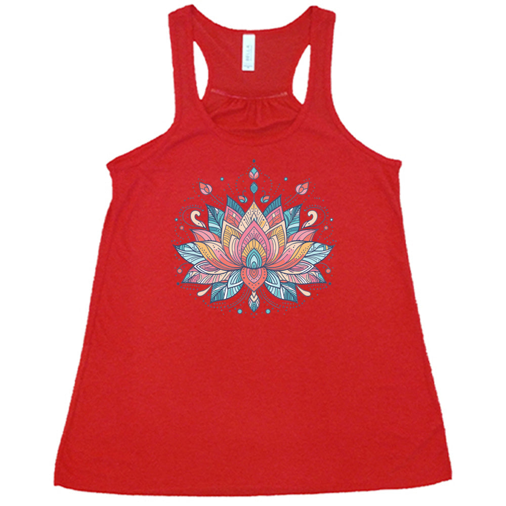 Red flowy tank with the graphic of a colorful, stained-glass-look lotus flower