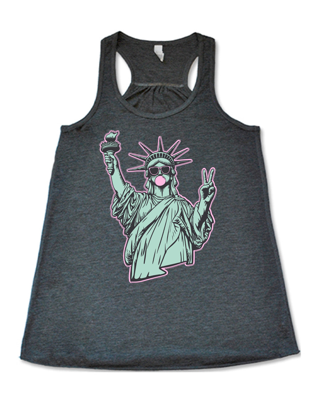 grey flowy racerback tank with the graphic of the statue of liberty, wearing sunglasses, blowing a gum bubble, and giving the peace sign