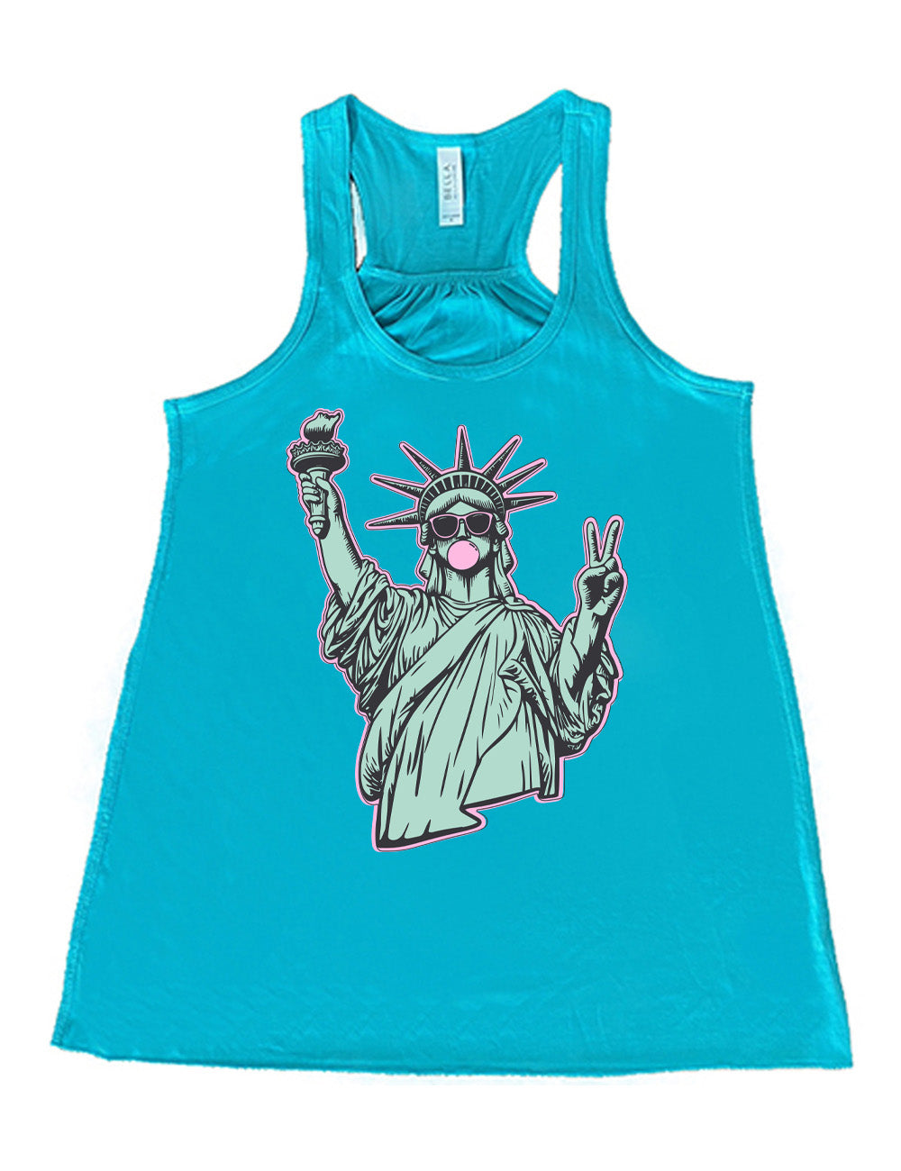 teal flowy racerback tank with the graphic of the statue of liberty, wearing sunglasses, blowing a gum bubble, and giving the peace sign