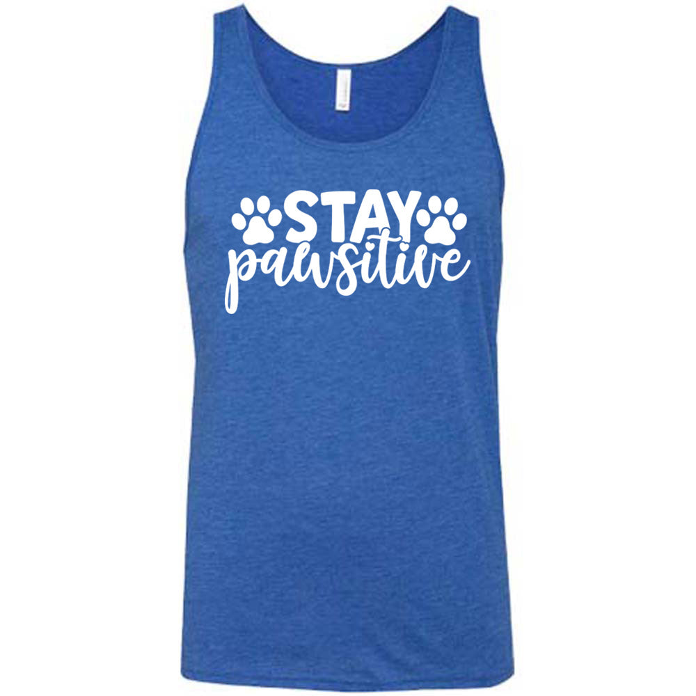 Blue colored tank with paw print graphic on it that says "Stay Pawsitive"