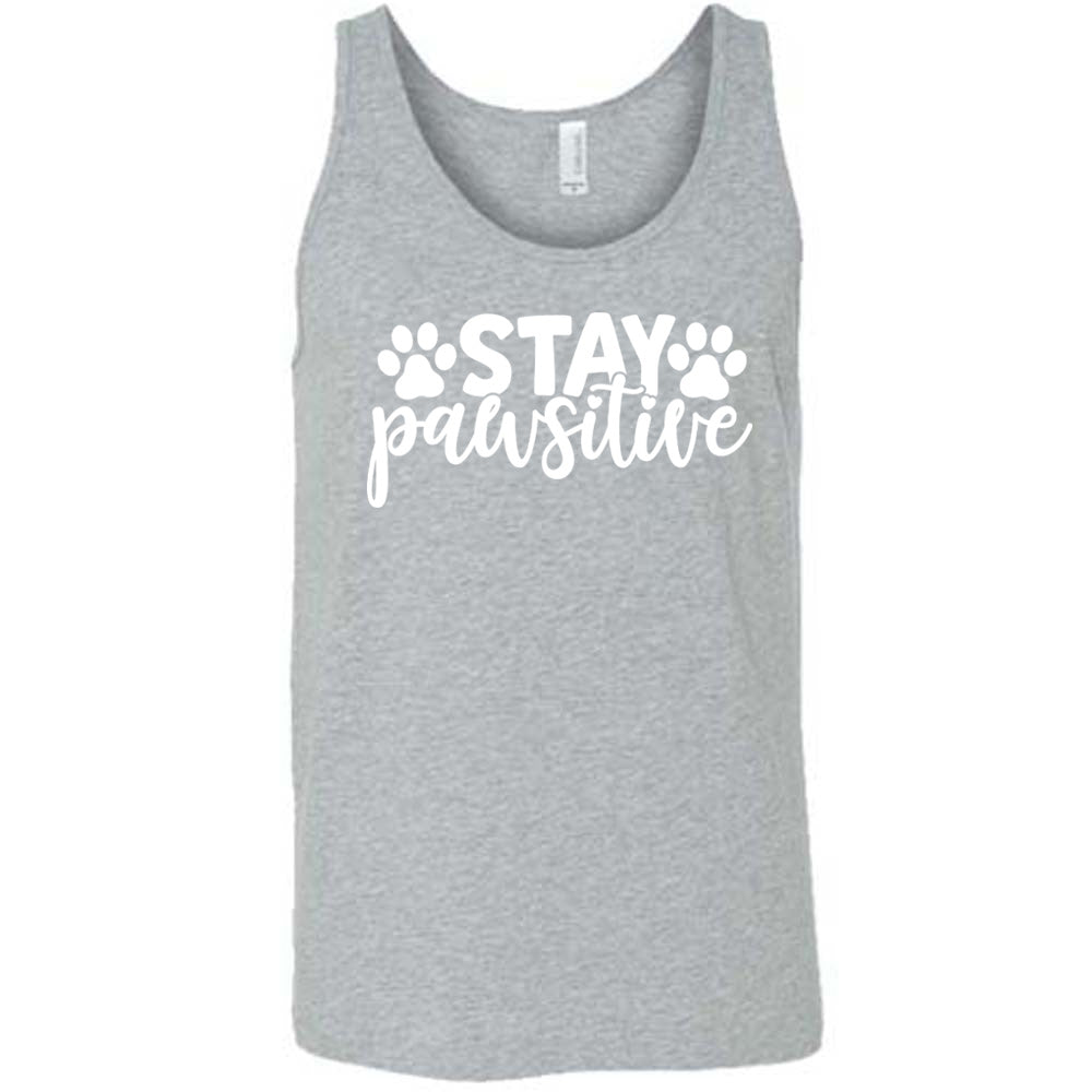 Grey colored tank with paw print graphic on it that says "Stay Pawsitive"