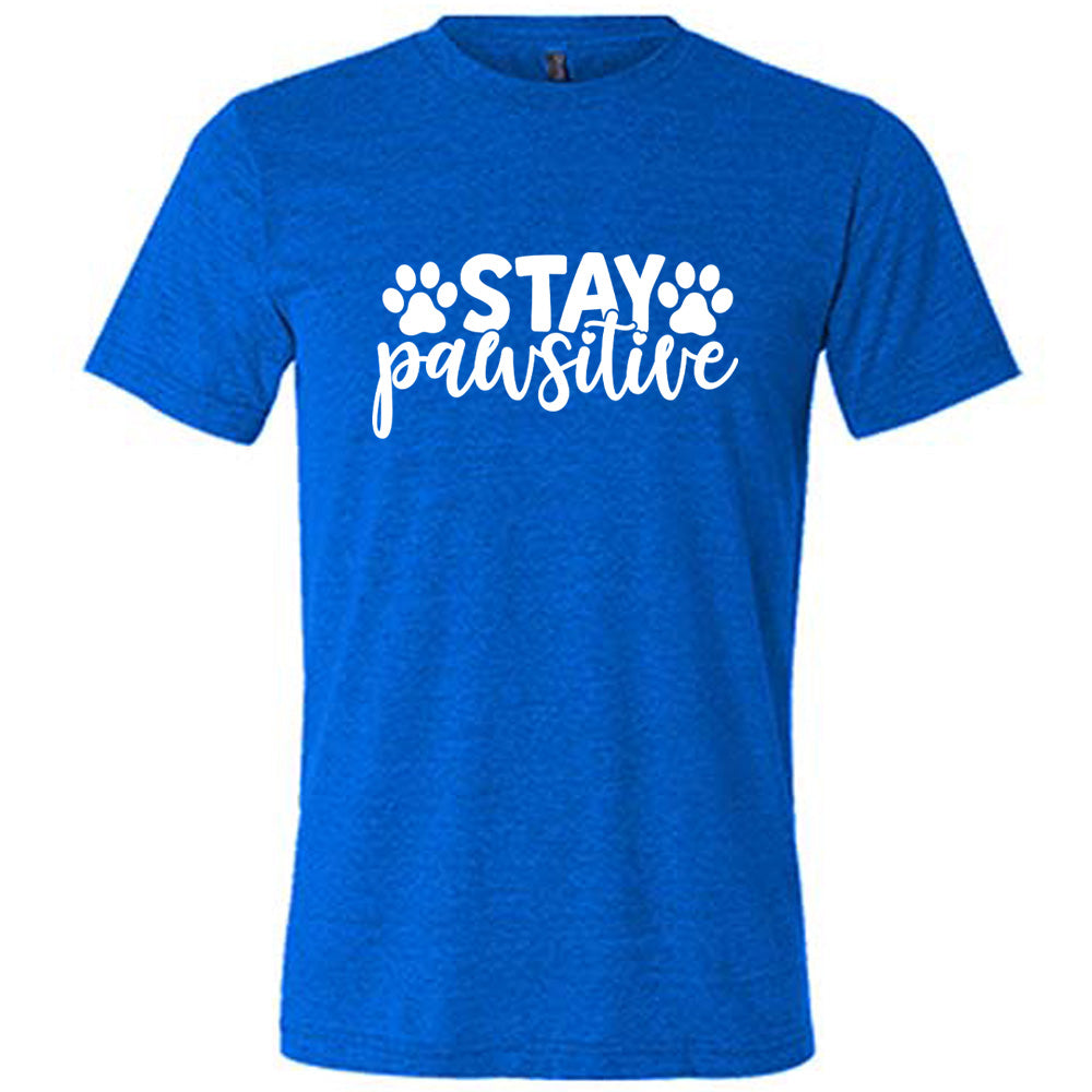 Blue colored shirt with paw print graphic on it that says "Stay Pawsitive"