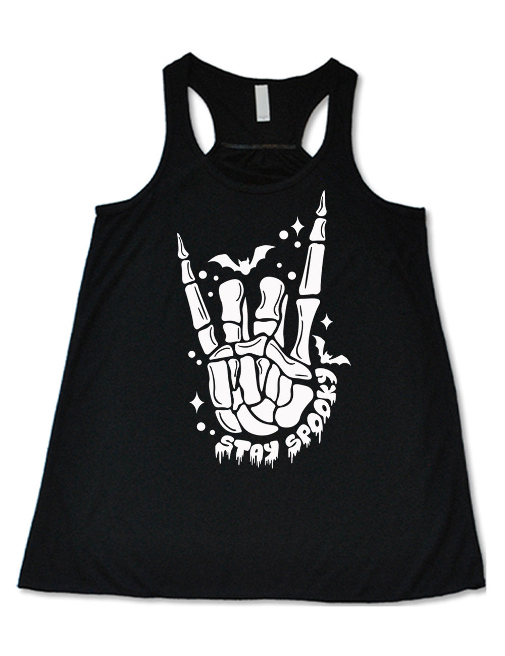 black flowy racerback tank with the large graphic of a rocker skeletal hand, with two little bats, and few stars and dots, with the words underneath saying "stay spooky"