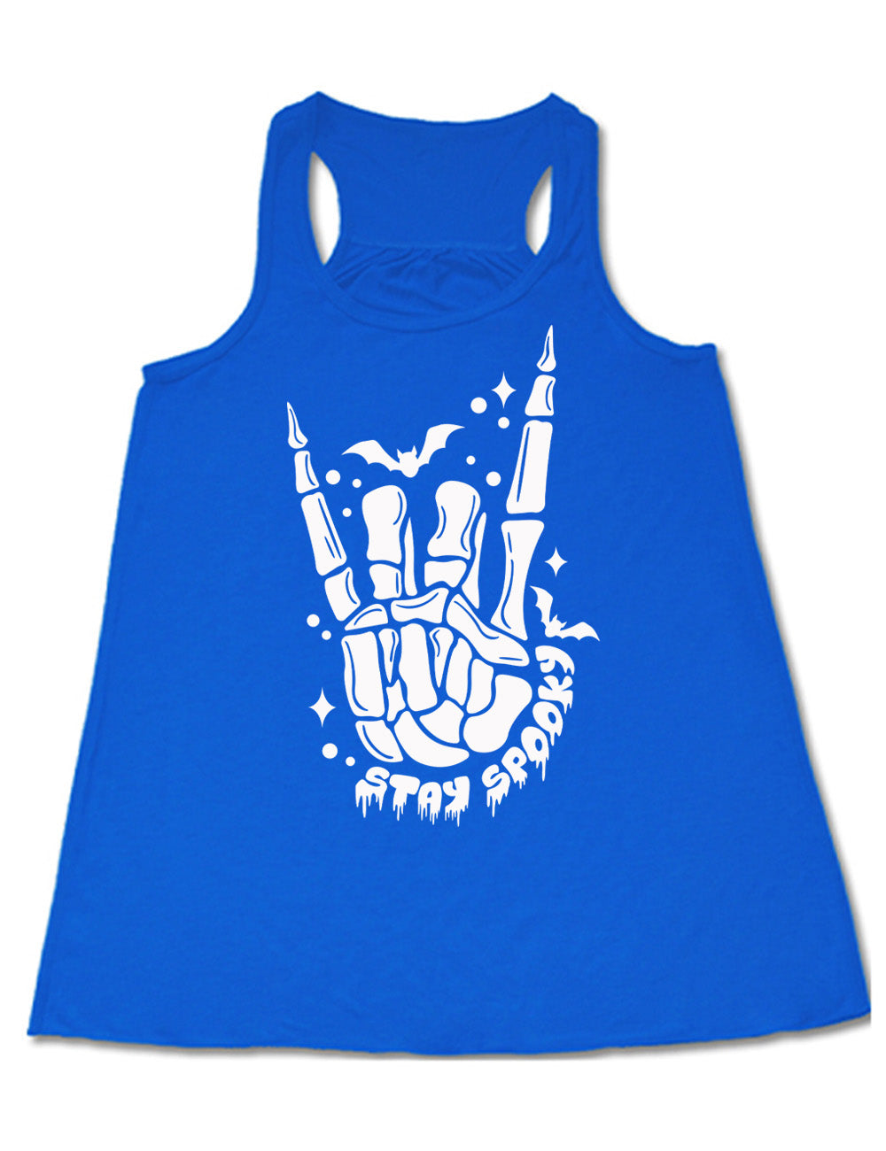 blue flowy racerback tank with the large graphic of a rocker skeletal hand, with two little bats, and few stars and dots, with the words underneath saying "stay spooky"