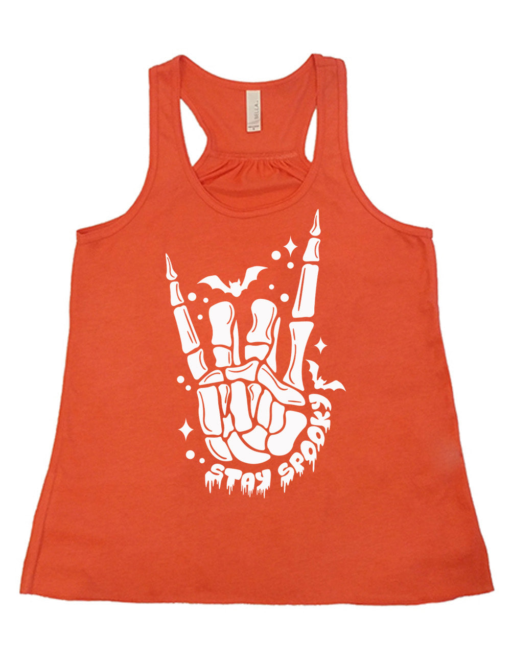 coral flowy racerback tank with the large graphic of a rocker skeletal hand, with two little bats, and few stars and dots, with the words underneath saying "stay spooky"