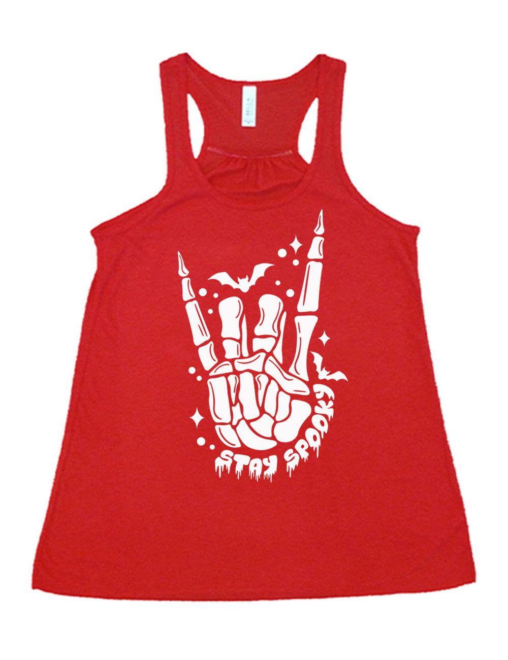red flowy racerback tank with the large graphic of a rocker skeletal hand, with two little bats, and few stars and dots, with the words underneath saying "stay spooky"