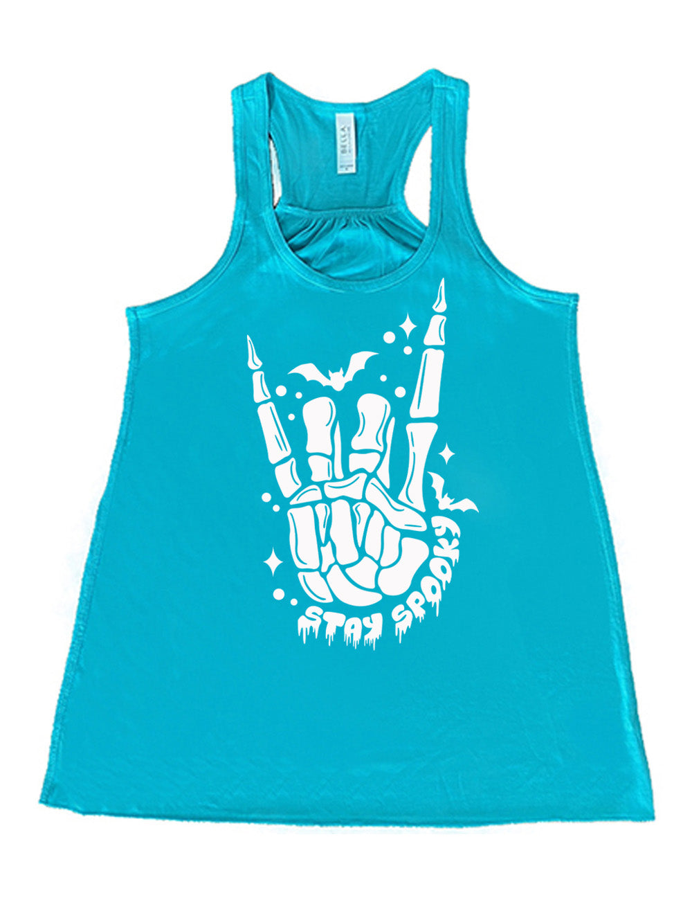 teal flowy racerback tank with the large graphic of a rocker skeletal hand, with two little bats, and few stars and dots, with the words underneath saying "stay spooky"