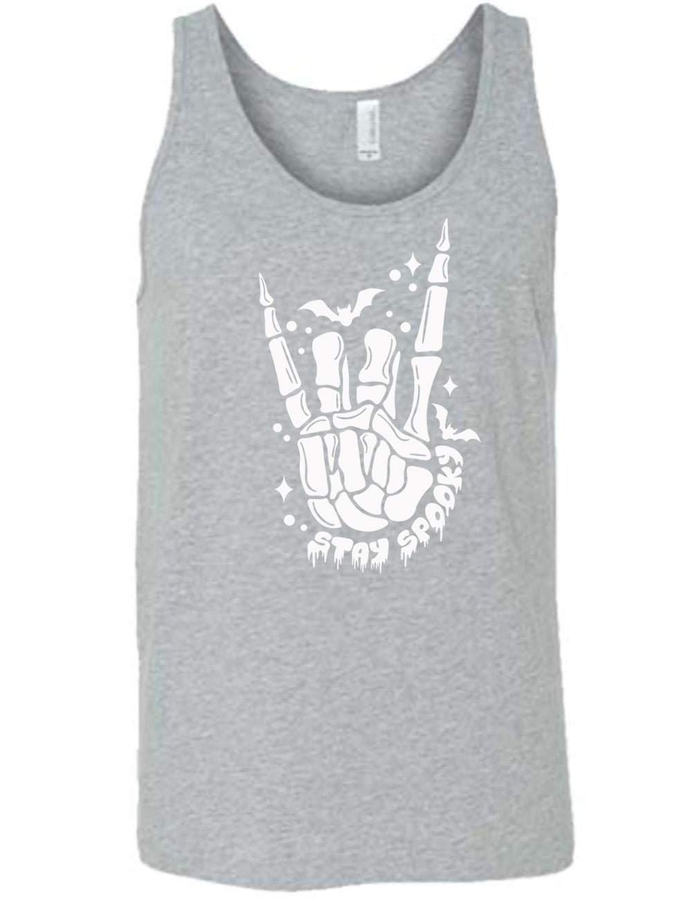 grey unisex tank with the large graphic of a rocker skeletal hand, with two little bats, and few stars and dots, with the words underneath saying "stay spooky"
