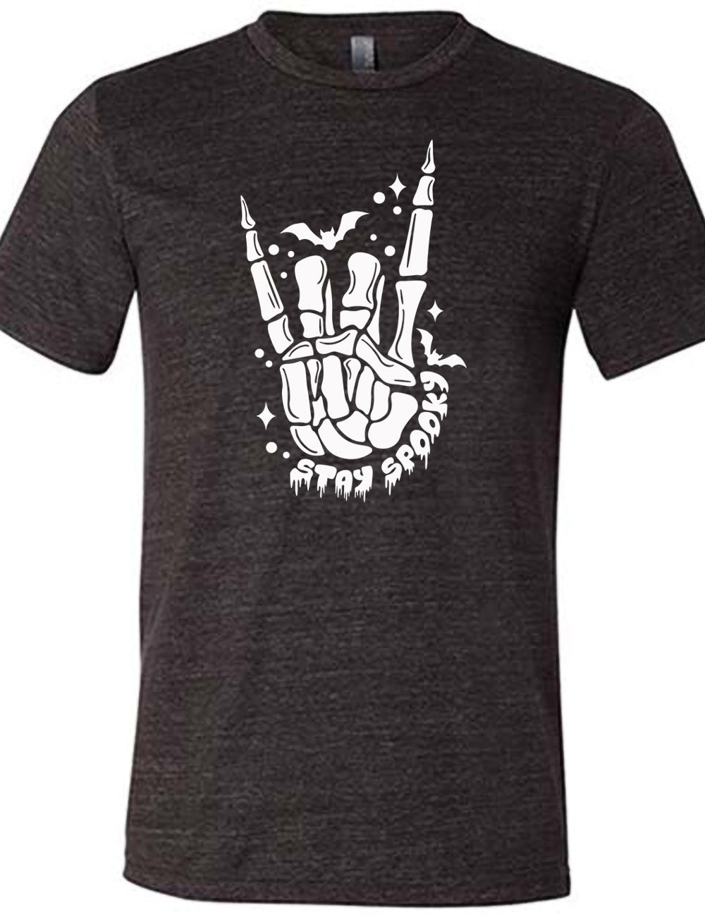 black unisex tee with the large graphic of a rocker skeletal hand, with two little bats, and few stars and dots, with the words underneath saying "stay spooky"