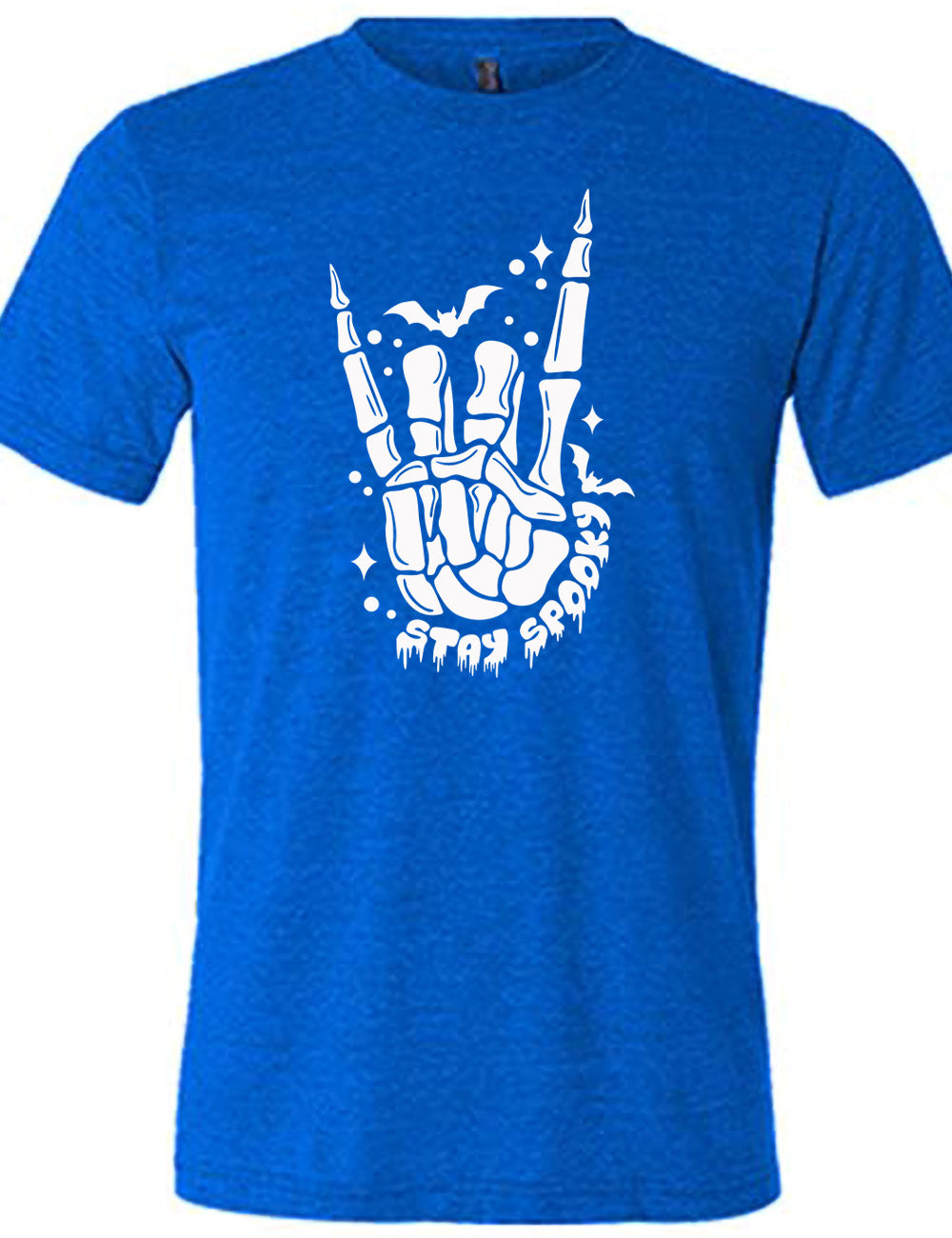 blue unisex tee with the large graphic of a rocker skeletal hand, with two little bats, and few stars and dots, with the words underneath saying "stay spooky"