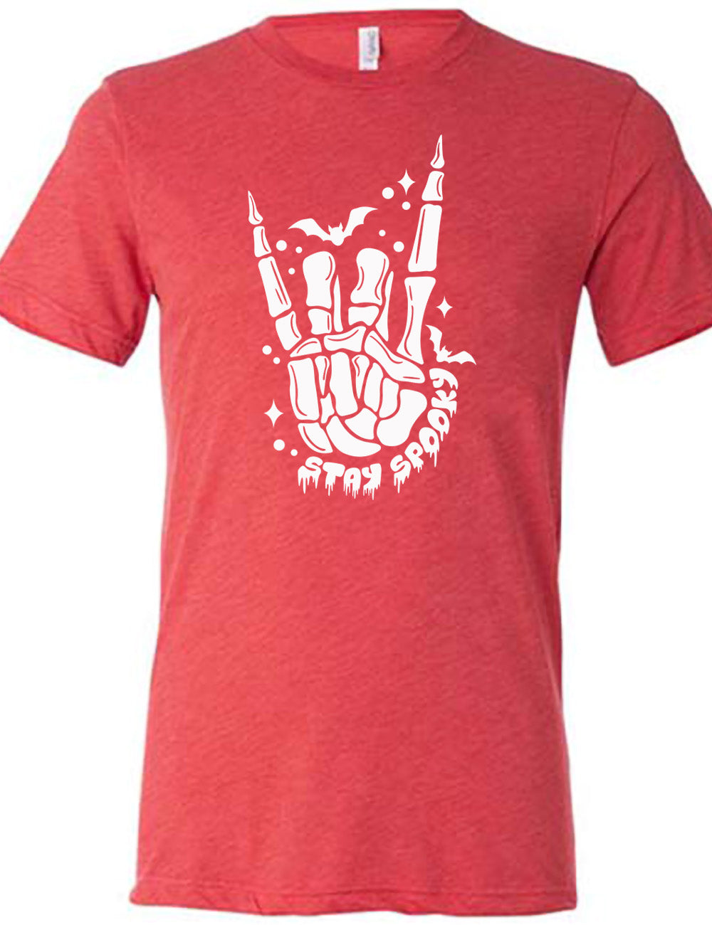 red unisex tee with the large graphic of a rocker skeletal hand, with two little bats, and few stars and dots, with the words underneath saying "stay spooky"