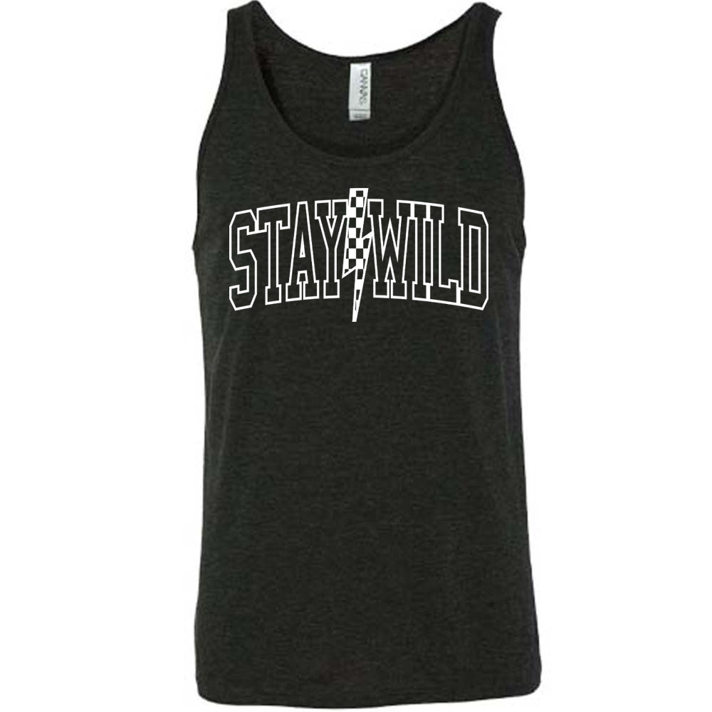 Black colored tank with a checkered lightning strike graphic on it that says "Stay Wild" 