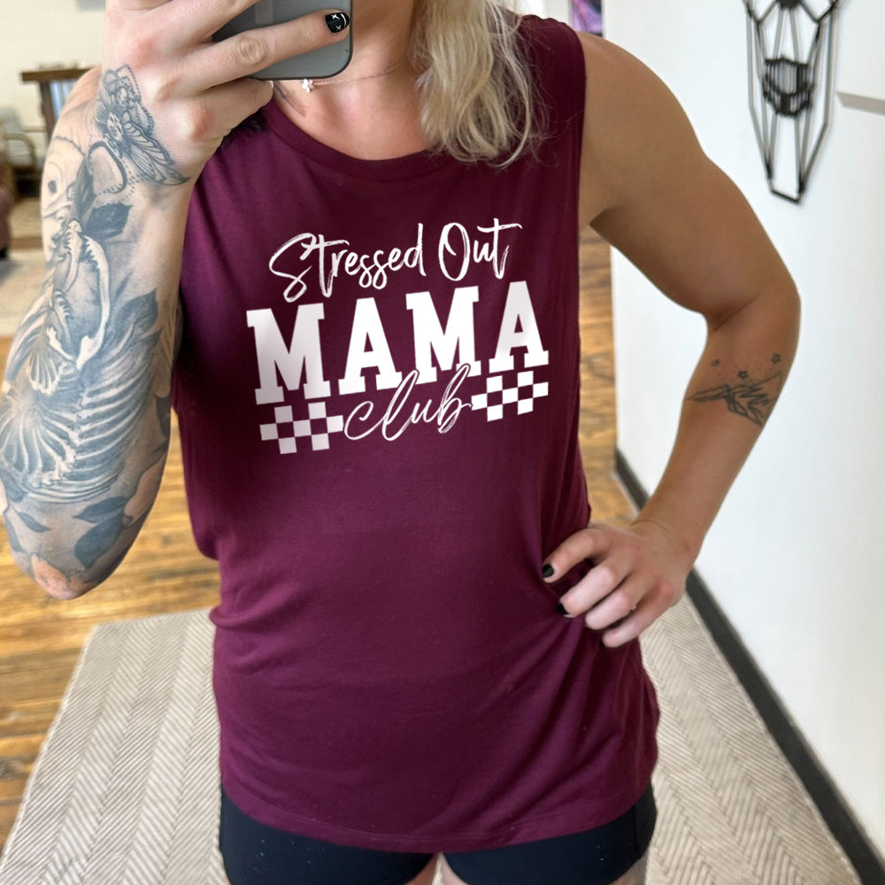 Maroon colored muscle tank with a graphic on it that says "Stressed Out Mama Club"
