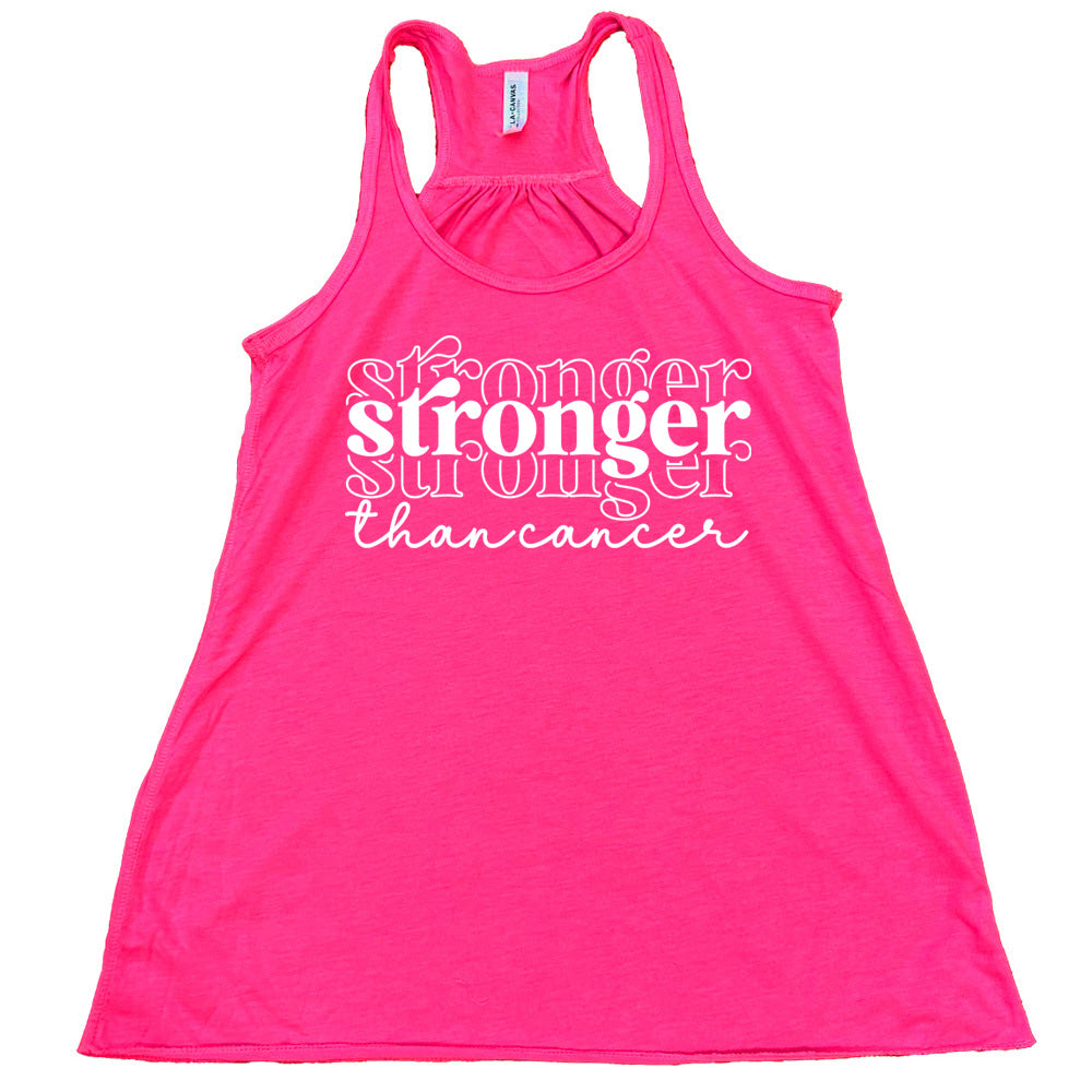pink tank top with pink 'Stronger than cancer' text on a white background