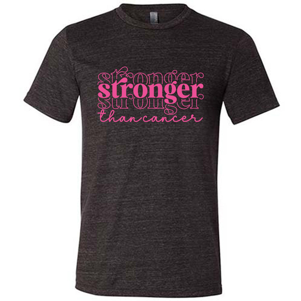black t-shirt with pink text 'Stronger than cancer' on a white background