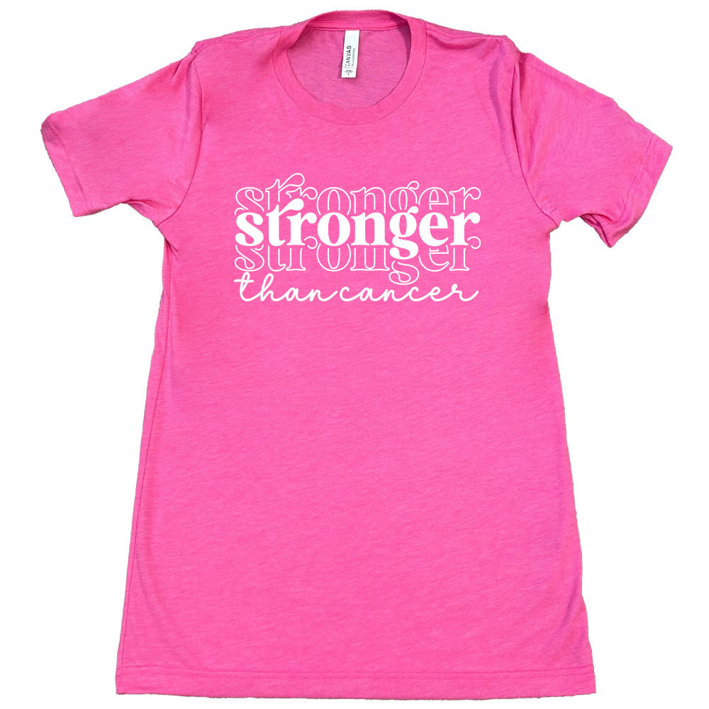 pink t-shirt with white text 'Stronger than cancer' on a white background