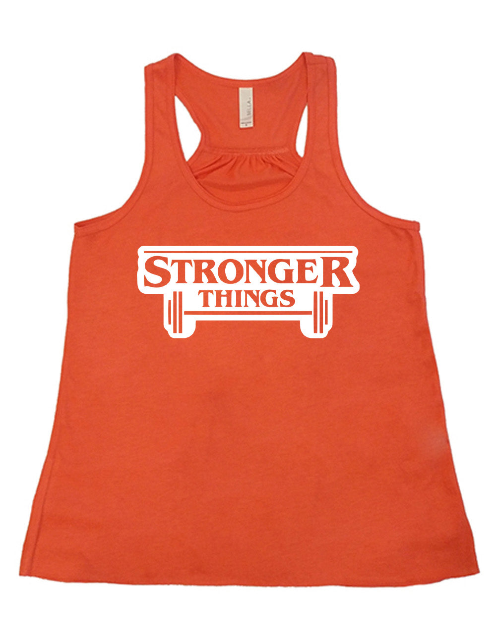 coral racerback flowy tank with the words "stronger things" on it, with a barbell underneath, all in the fashion of the stranger things logo